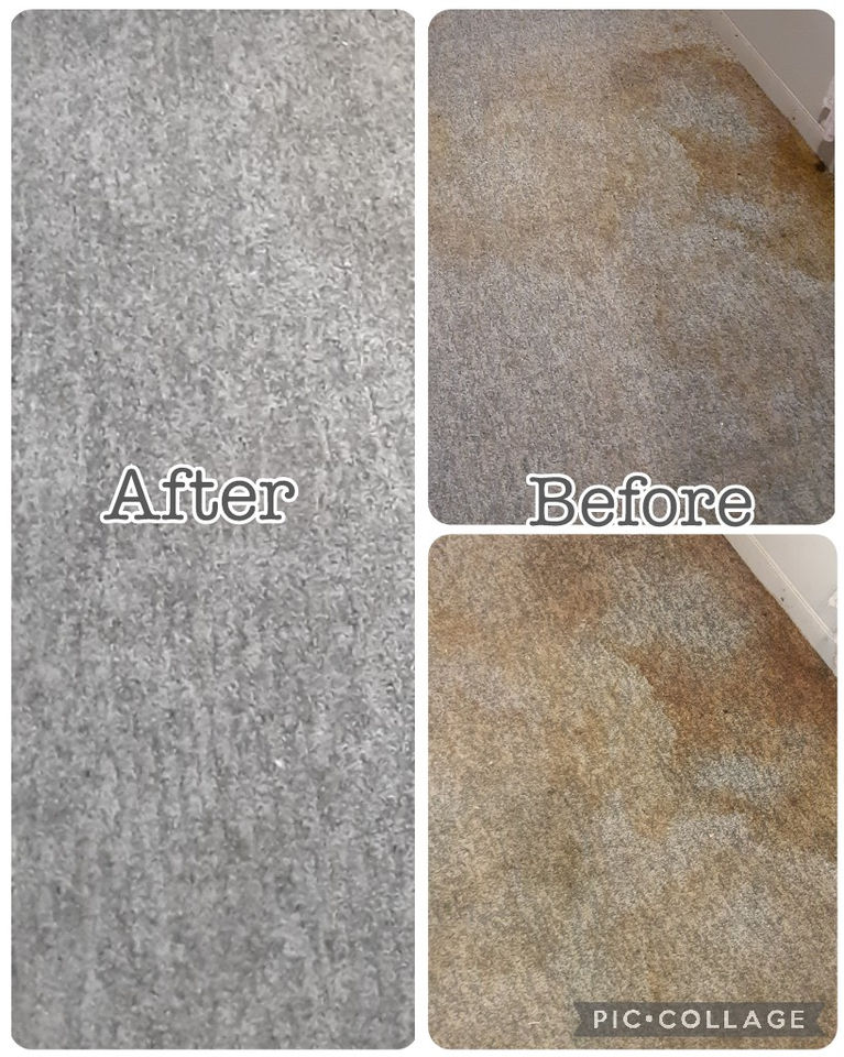 Before and after of a carpet cleaning: heavily stained beige carpet restored to a clean, even grey