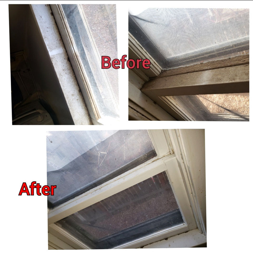 Before and after of a window frame and track cleaned of built-up dust and grime